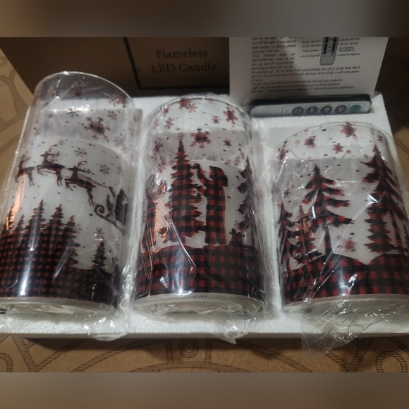 Christmas Red Buffalo Plaid Glass Flameless LED Candles W Remote Eywamage Set - Picture 5 of 12